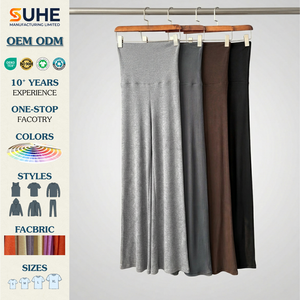 SUHE OEM ODM Ribbed Modal Spandex Elastic Waist Loose High Waist Flare Leggings Womens Yoga Bootcut Summer <b>Pants</b> - Product Image 2