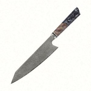 Couteau de chef professionnel japonais traditionnel forgé en acier Damas 8'' à 67 couches avec manche en bois stabilisé, ambidextre et écologique - Product Image 3