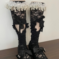 Chaussettes blanches en dentelle au-dessus du genou en polyester, avec nœud papillon, haut de gamme, effet froncé, en maille de soie, à lacets ouverts, pour femme et fille, avec volants