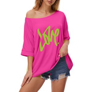 Women's Off The Shoulder Tunic Blouse Neon Pink Love Print Casual Summer <b>Top</b> Breathable Knitted Fabric - Product Image 3
