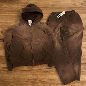 Custom Logo 460GSM Heavyweight Acid Wash Breathable Solid 100% Cotton <b>Men's</b> Autumn Tracksuit - Product Image 3