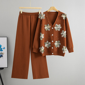 Women Knitted <b>Sweater</b> <b>Set</b> With Embroidered Flowers V Neck Cardigan And Wide Leg Pants Autumn Outfit 2026 - Product Image 1