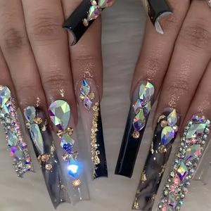 Faux ongles en acrylique réutilisables de luxe faits à la main, style French manucure, 10 pièces, avec nœud papillon - Product Image 1