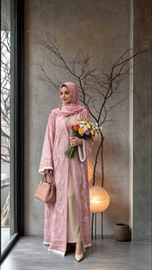Pink Printed Open Abaya Kimono With Fringe Trim Matching Hijab Set Dubai Modest Muslim Women Robe Ramadan Eid <b>Islamic</b> <b>Clothing</b> - Product Image 2