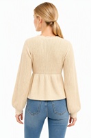 Haut en tricot pour femme avec logo personnalisé, tricoté, mi-lourd, manches longues, col en V, couleur unie, décontracté, mode hiver, acrylique, usine OEM & ODM
