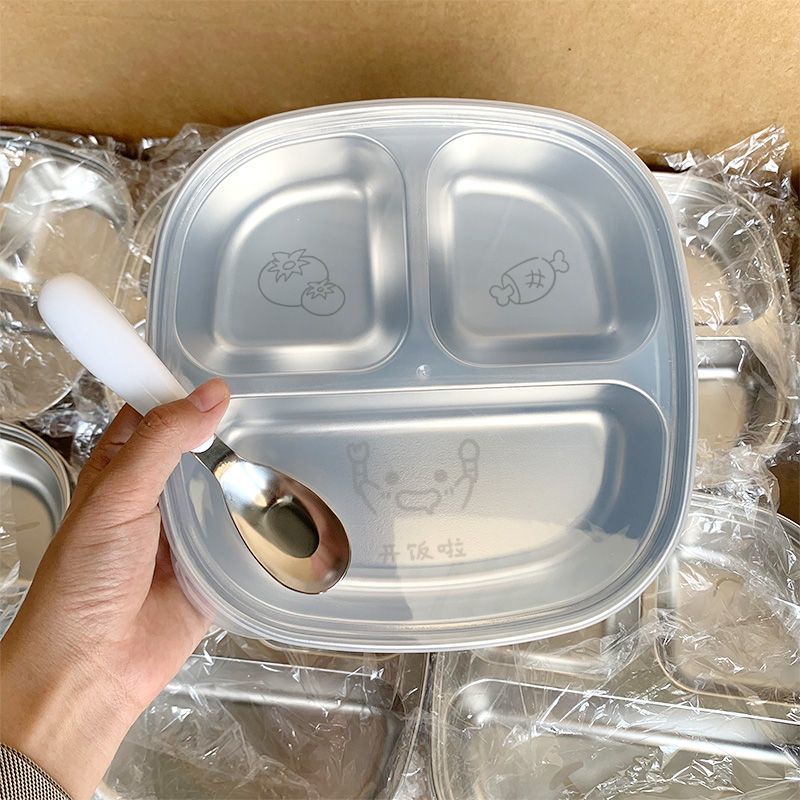 [อาหารเย็นพร้อมแล้ว!] จานลึกสามช่องพร้อมช้อนและฝา PP