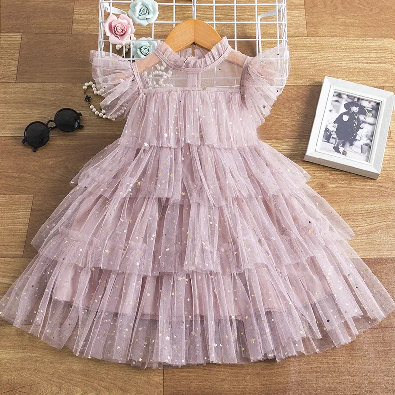 01270 Girls' Dresses Pink Summer Yarn Cute Baby Clothes Fashion Stars Sequined Baby Girl Clothes Dresses Princess Dress