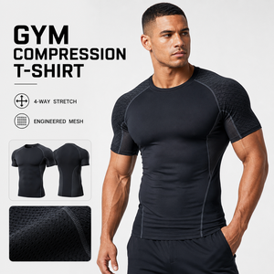 T-shirt de compression pour homme, fabricant de vêtements de sport, maille technique extensible 4 directions, coupe ajustée, haut de performance pour l'entraînement - Product Image 1
