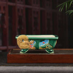 <span class=keywords><strong>Pot</strong></span> à Bonsaï Carré en Porcelaine Violette, Style Antique, avec Relief Dragon, Peint à la Main et Décor Embossé - Product Image 2