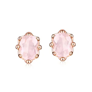 Natural Rose Quartz Stud Earrings Gold Plated Gemstone Earrings
