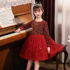 零售送货长袖天鹅绒童装7岁女孩红色亮片派对连衣裙