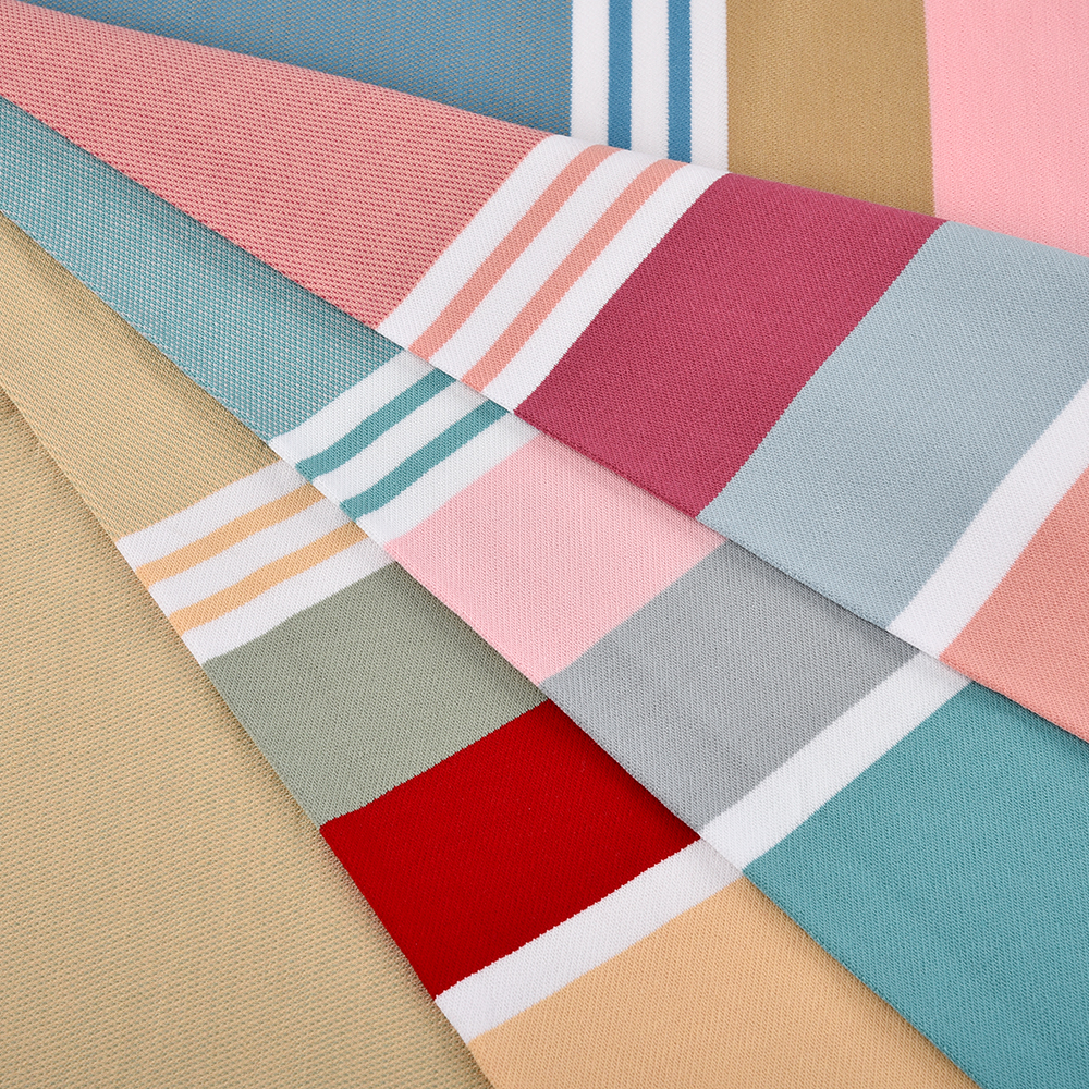 China Cotton Yarn Dyed Knit Stretch Breathable Medium Weight Stripe Polo Shirt Fabric 48% Cotton 49% Viscose 3% Spandex