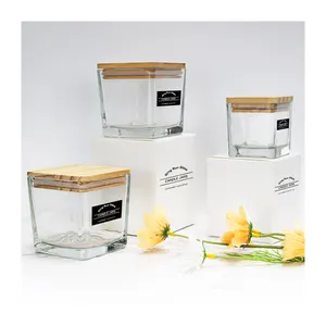 4oz 10oz 18oz Holder Vessels Clear Square Glass Candle Jars Luxury With Wooden Lid and Box For Scented Candles Making