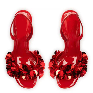 Sandales à talons hauts pour femme, grande taille 46, à bout ouvert, à bride arrière, en cuir verni, style slingback, à motif floral, coupe large - Product Image 5