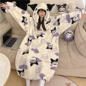 Mùa đông nóng bán dễ thương ấm cúng quá khổ trùm đầu mặc đồ ngủ Chăn với Hoodies lông cừu flannel áo choàng Phụ Nữ Nhà quần áo - Product Image 2