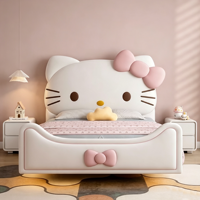 Lit enfant rembourré en cuir avec rangement, en bois massif, pour chambre de fille, motif chat mignon