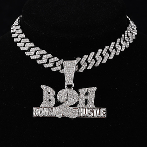 Collar de Moda con Colgante Iced Out Hiphop Born 2 Hustle y Cadena Cubana de Diamantes de 12 mm - Product Image 4