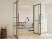 Porte à double pivot, design français de luxe, porte en verre pivotante en acier avec quincaillerie en acier