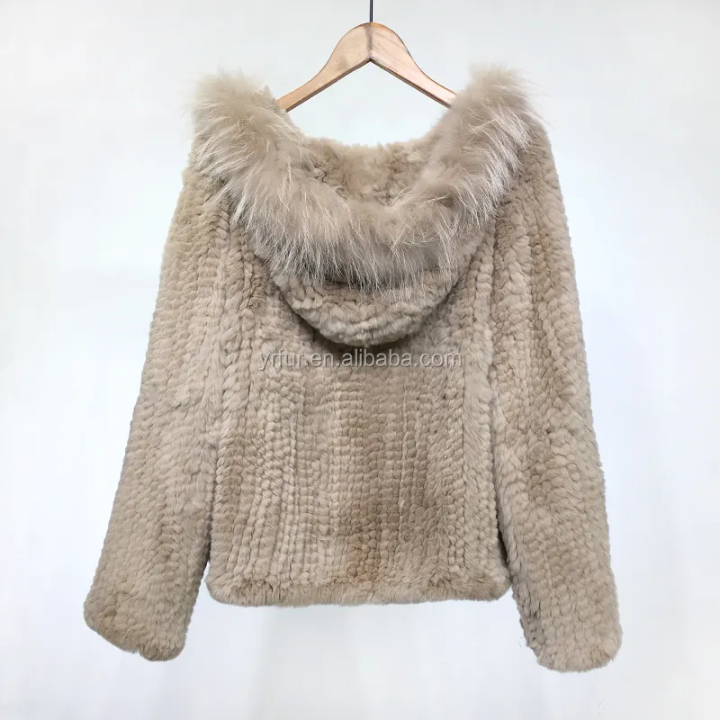 YRC1162 Giá Bán Buôn Phụ Nữ Dệt Kim Fur Jacket Chất Lượng Cao Bất Rex Thỏ Fur Coat Với Racoon Cắt Tỉa