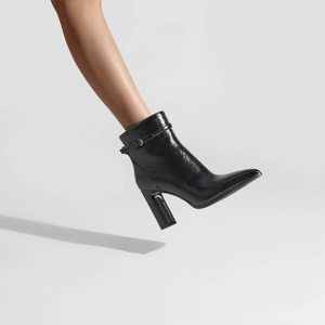 <span class=keywords><strong>Bottines</strong></span> à talon épais et bout pointu pour femmes, chaussures en <span class=keywords><strong>cuir</strong></span> froissé avec sangle à boucle pour le bureau et les soirées - Product Image 5