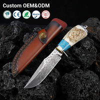 Couteau tactique à lame fixe en acier Damas personnalisé, couteau droit pour le camping, la chasse et la survie en plein air, avec étui en cuir F0105