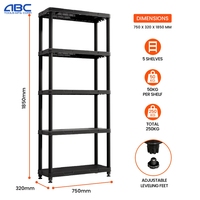 Étagère de rangement en plastique sans boulons à 3, 4 ou 5 niveaux, capacité 50 kg/étagère, hauteur 1850 mm, pour maison et garage, unité d'étagérage à rivets noirs