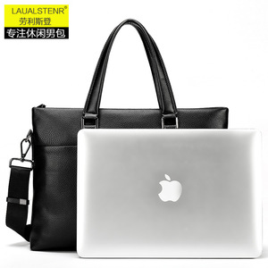 Laulalstern Men's Genuine Leather <b>Briefcase</b> 14 Inch Large Capacity Business Travel Handbag Solid Color Black - Product Image 4
