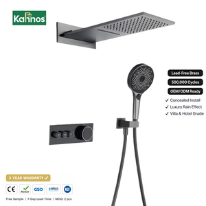 Modern Gunmetal Grey <b>Shower</b> Faucet Set Concealed Wall Mount Rectangular Rain Waterfall Head Push Button <b>Control</b> Hotel Bathroom - Product Image 1