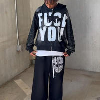Sweat-shirts personnalisés avec patch brodé, strass, fermeture éclair, effet délavé, vintage, en molleton bouclette, streetwear, 100% coton, hiver
