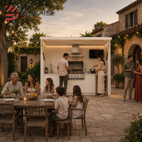 Cuisine extérieure avec volet roulant, armoires en acier inoxydable, barbecue, évier, îlot de rangement, fabrication sur mesure, fournisseur