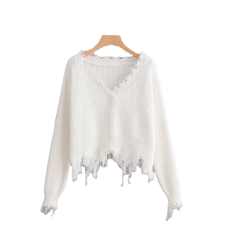 Пользовательские проблемных женский свитер из бахромы вязаный пуловер свитер сексуальная нерегулярные с открытыми плечами свободные кроп Топ, женские рваные джинсы, свитер