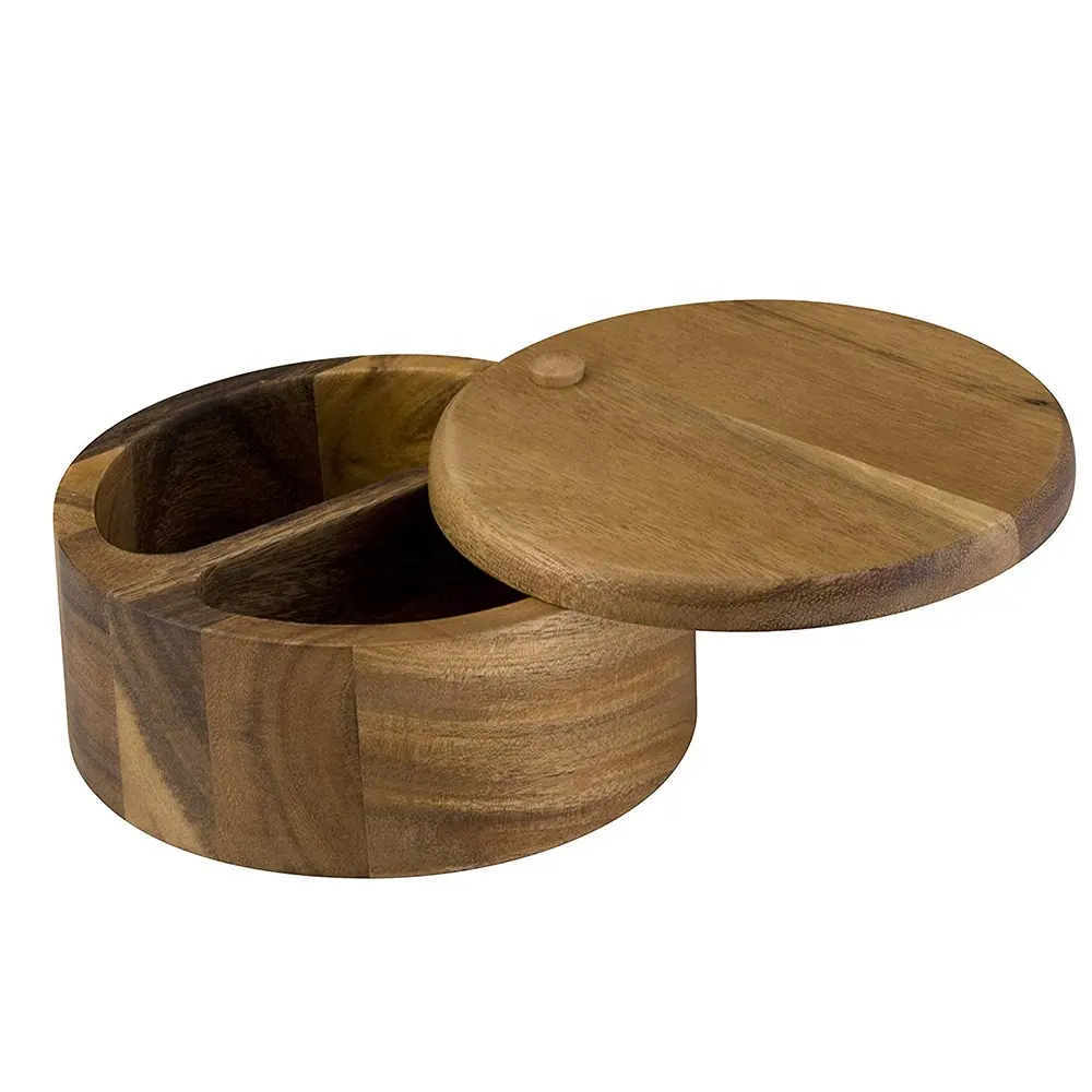 مخصص براون الخشب الملح قبو مع 2 المقصورات الخشب جولة الملح مربع صندوق توابل بغطاء متأرجح