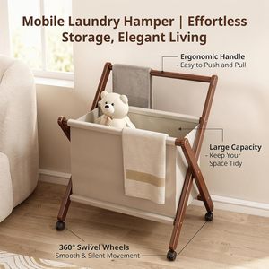 Panier à <span class=keywords><strong>linge</strong></span> pliable en bambou avec cadre en X, chariot à <span class=keywords><strong>linge</strong></span> roulant pliable avec roues, panier à vêtements avec doublure en coton pour salle de bain - Product Image 2