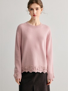 เสื้อสเวตเตอร์ถักไหมพรมคอวีแขนยาวสีชมพูสำหรับผู้หญิง แต่งขอบด้วยลูกไม้ สวมใส่ได้อย่างสง่างามในฤดูใบไม้ร่วง - Product Image 3