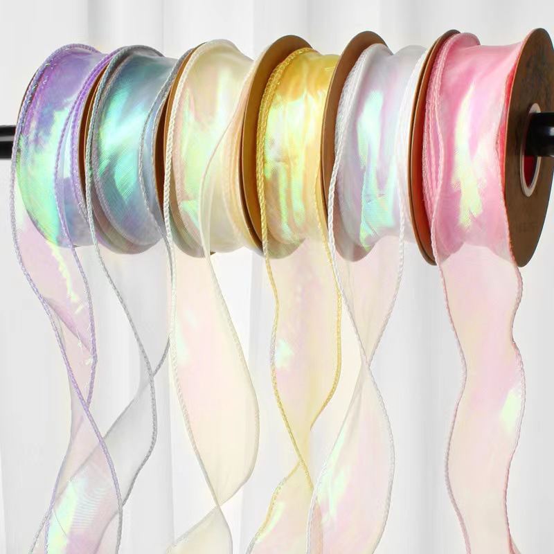 Wholesale Glitter Wired Ribbon Luxury Gift Ribbon Colorful Transparent Organza Ornaments With Wired Ribbon