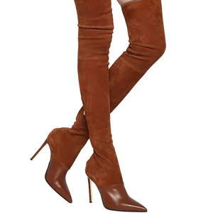 Xinzirain personnalisé dames <span class=keywords><strong>noir</strong></span> marron cousu supérieur Stretch daim cuissardes sur le genou 11cm au-dessus du <span class=keywords><strong>talon</strong></span> bottes hautes - Product Image 1