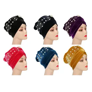 Custom Silk Velvet Bonnets Cap Breathable Turqu Women Foulard Premium Hijab Hat for Hair Diamond Pearl Adult Muslim Solid Color