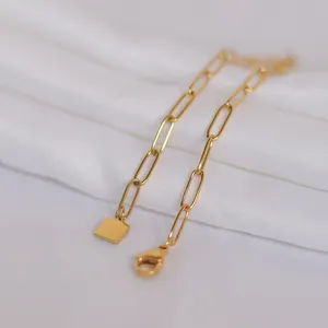 Dainty 18k Gold Plated Paperclip Bracelets Women Stainless Steel Link Chain Bracelet Femme Waterproof Jewelry