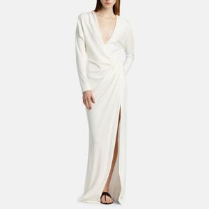 Robe longue décontractée blanche pour femme, col en V, manches longues, fendue sur le côté, en tissu printemps-été, mode féminine - Product Image 1