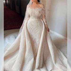 S1012A strascico staccabile 2025 sposa con perline in pizzo naturale drappeggiato plissettato Plus <span class=keywords><strong>Size</strong></span> 2 abito abito abito da sposa - Product Image 4