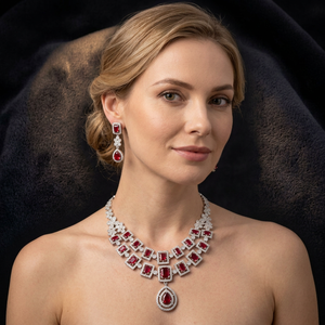 Luxury <b>Ruby</b> Emerald Cut CZ Brass Bridal Jewelry Set Two Layer American Diamond <b>Necklace</b> and Drop Earrings for Women - Product Image 3