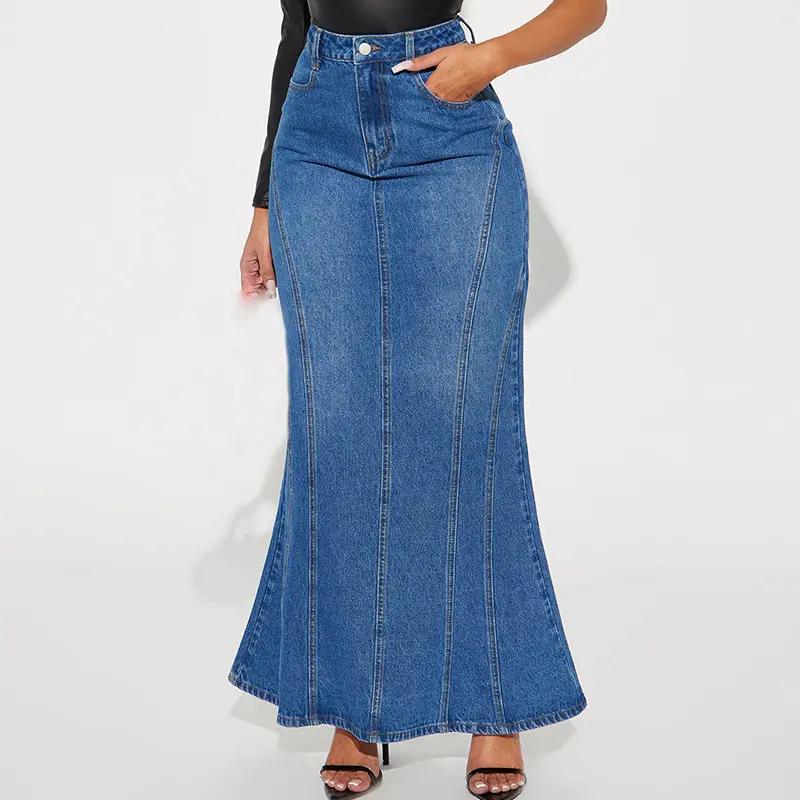 C1857 rok jeans panjang untuk wanita, rok denim panjang kasual bersaku modern untuk wanita