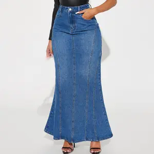 C1857 rok jeans panjang untuk wanita, rok denim panjang kasual bersaku modern untuk wanita