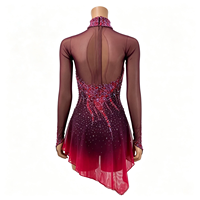 Robe de patinage artistique dégradé rouge bordeaux à manches longues en maille avec strass pour enfants et adultes, idéale pour les compétitions et spectacles sur glace
