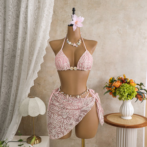 Maillots <span class=keywords><strong>de</strong></span> <span class=keywords><strong>bain</strong></span> 3 pièces <span class=keywords><strong>de</strong></span> qualité supérieure pour femmes, bikini triangle à nouer avec bas <span class=keywords><strong>de</strong></span> maillot à nouer sur les côtés et paréos, vente en gros, personnalisation OEM - Product Image 2