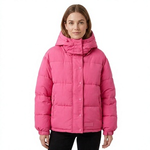 Pink Hooded Puffer Jacket Unisex <b>Winter</b> <b>Coat</b> <b>Thick</b> Insulated Eco-friendly Cotton Filled Casual Wear Zipper Closure Solid Color - Product Image 1