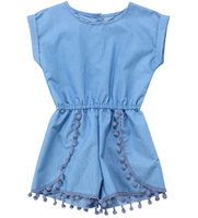 Vente en gros Vêtements tendance en denim pour bébés Combinaison à pompons pour bébés et filles et tout-petits Barboteuse solide Vêtements unisexes pour bébés
