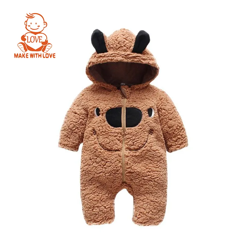 BEIBEIHAPPY Premium tasarımcı kış sıcak pamuk yenidoğan 0-24 ay bebek fermuar kuzu polar ayı şapka kapşonlu Romper sleepsuits