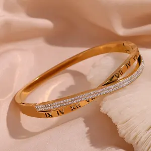 Luxury Engraved Roman Numeral Gold Bangles Rhinestone 18K Gold Plated Stainless Steel Jewelry Pulseras Y Brazaletes