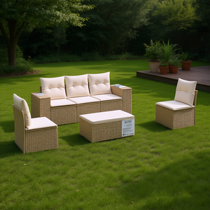 Conjunto de Sofá de Jardín de Ratán Beige con Reposabrazos Ajustables, Muebles de Exterior para 4 Personas, Diseño Contemporáneo - Product Image 2